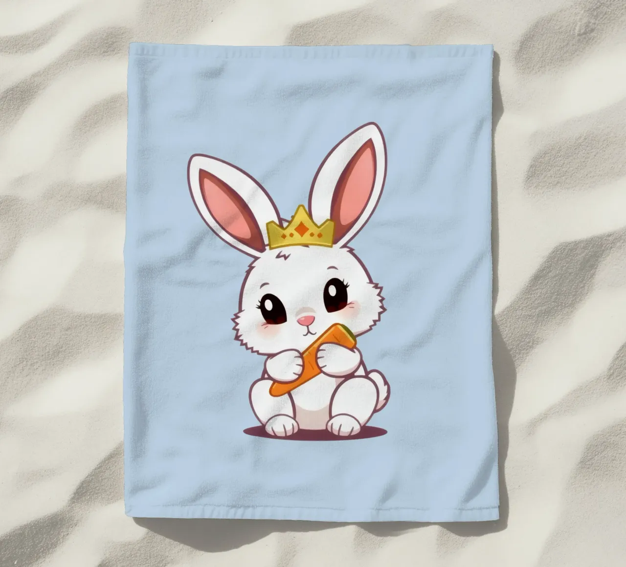 Mignon lapin de dessin animé portant une couronne et mangeant une carotte serviette de plage de DesignDoodle