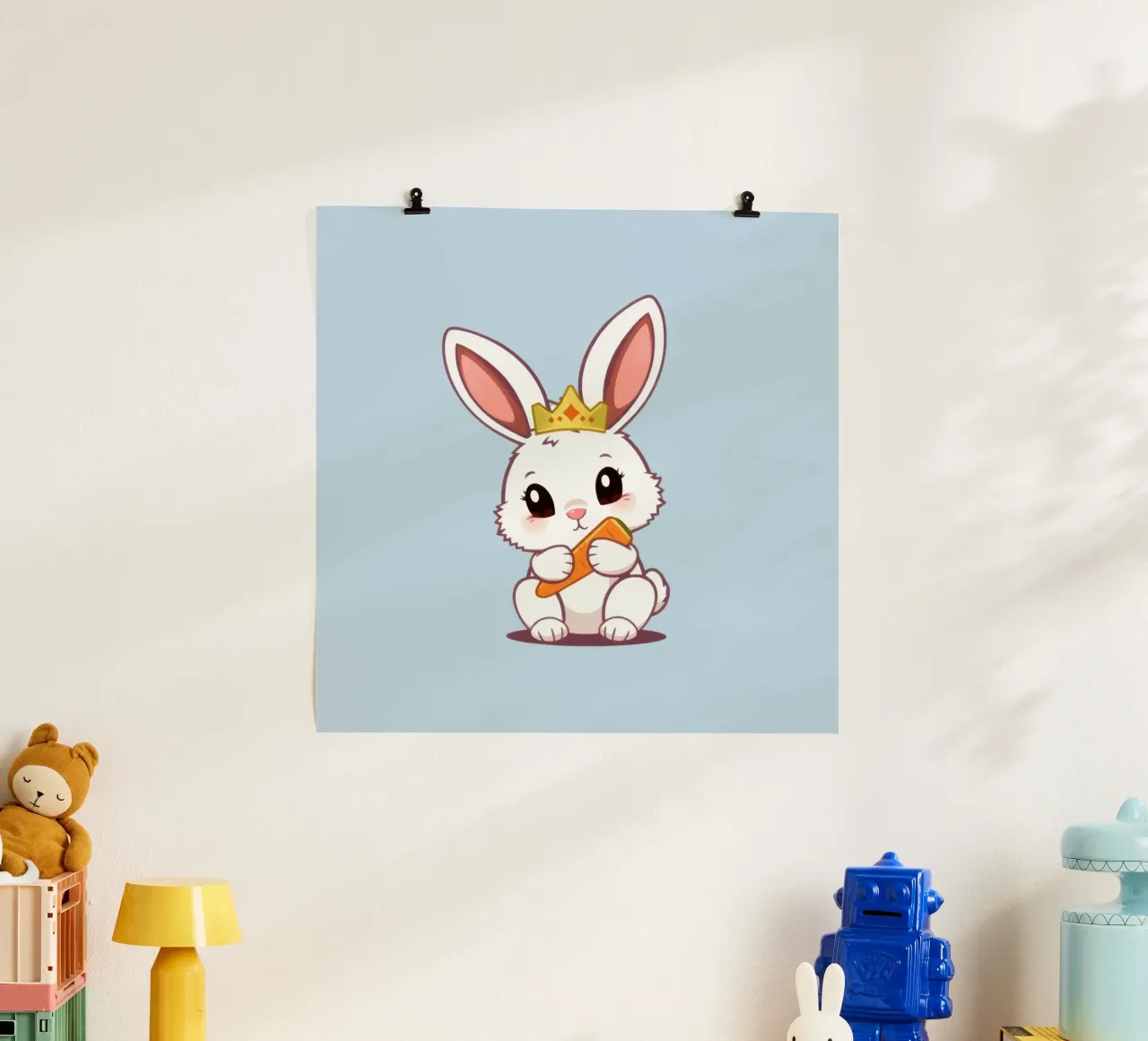 Mignon lapin de dessin animé portant une couronne et mangeant une carotte hahnemühle de DesignDoodle
