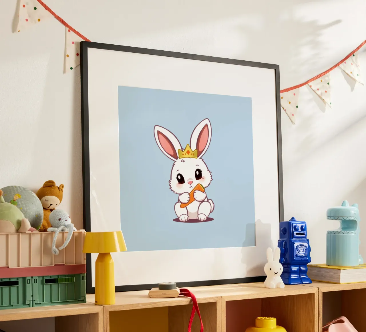 Mignon lapin de dessin animé portant une couronne et mangeant une carotte hahnemühle de DesignDoodle