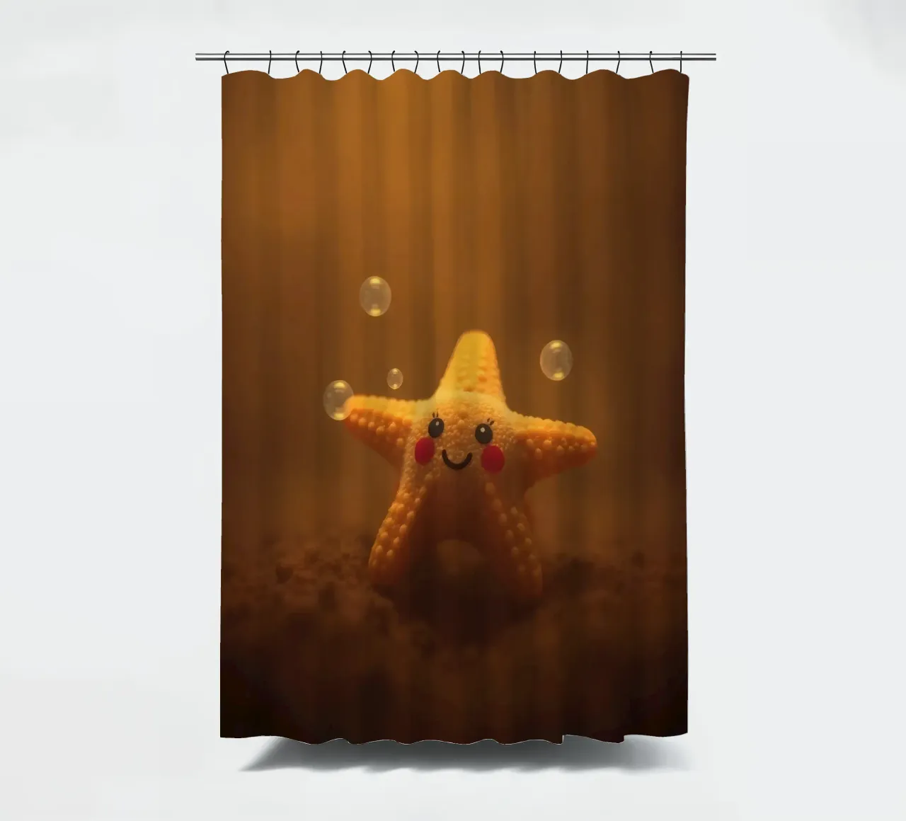 starfish with a smiling face and bubbles in a warm water shower curtain by DesignDoodle