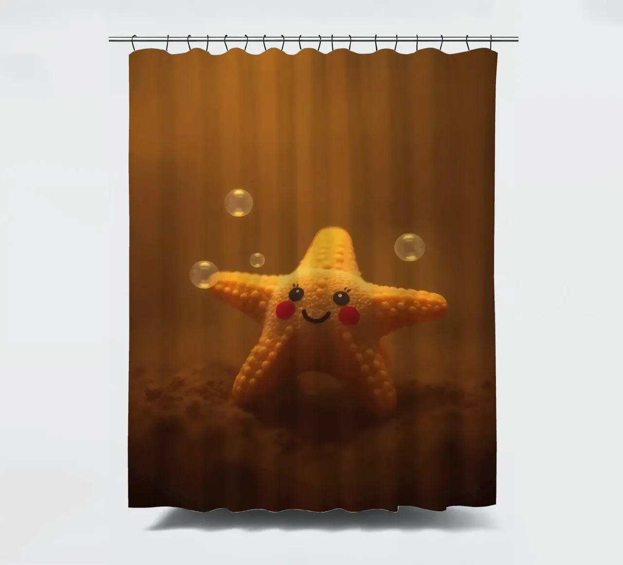starfish with a smiling face and bubbles in a warm water shower curtain by DesignDoodle