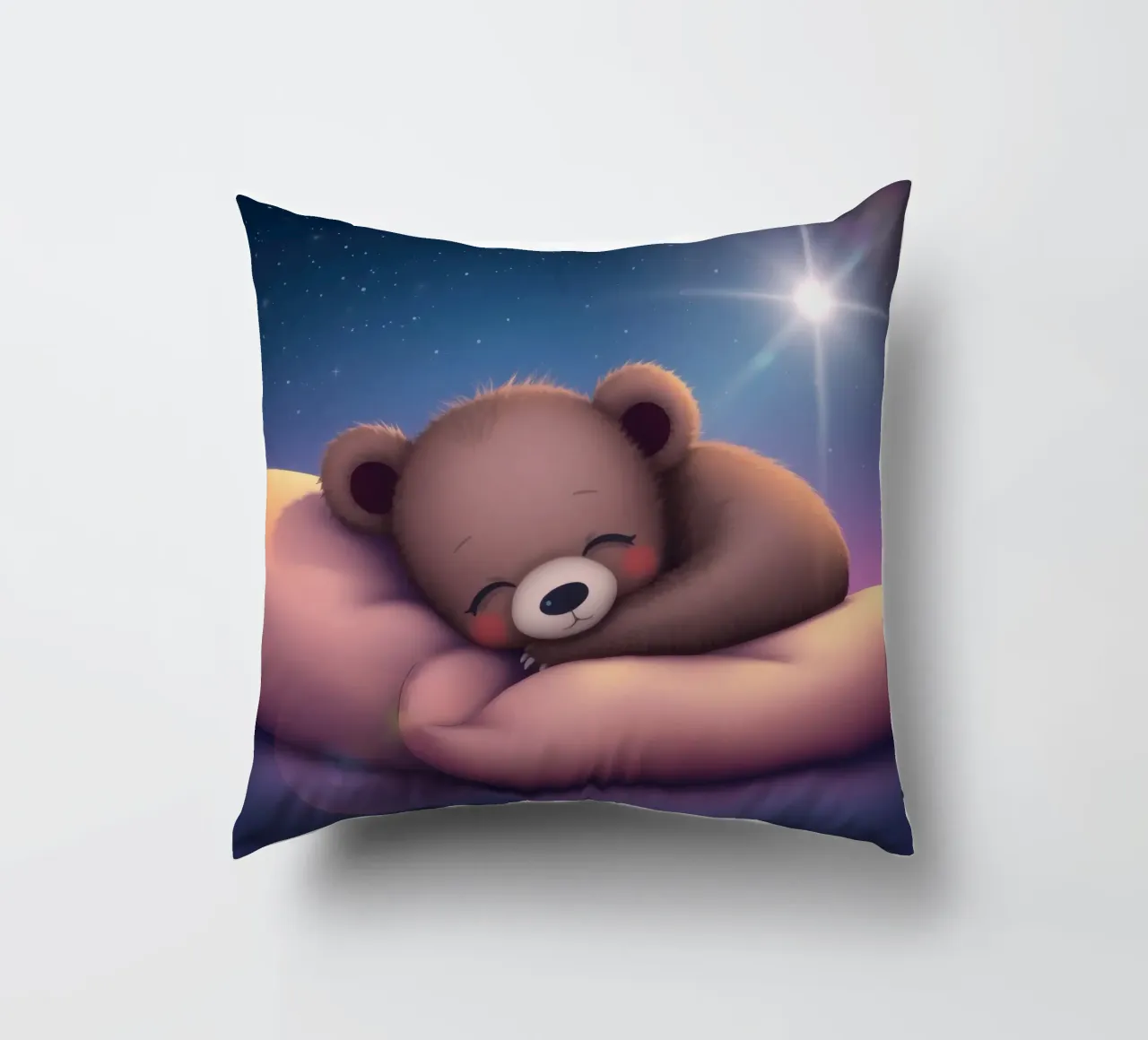 Tenero cucciolo d'orso che dorme pacificamente su una mano gentile cuscino da DesignDoodle