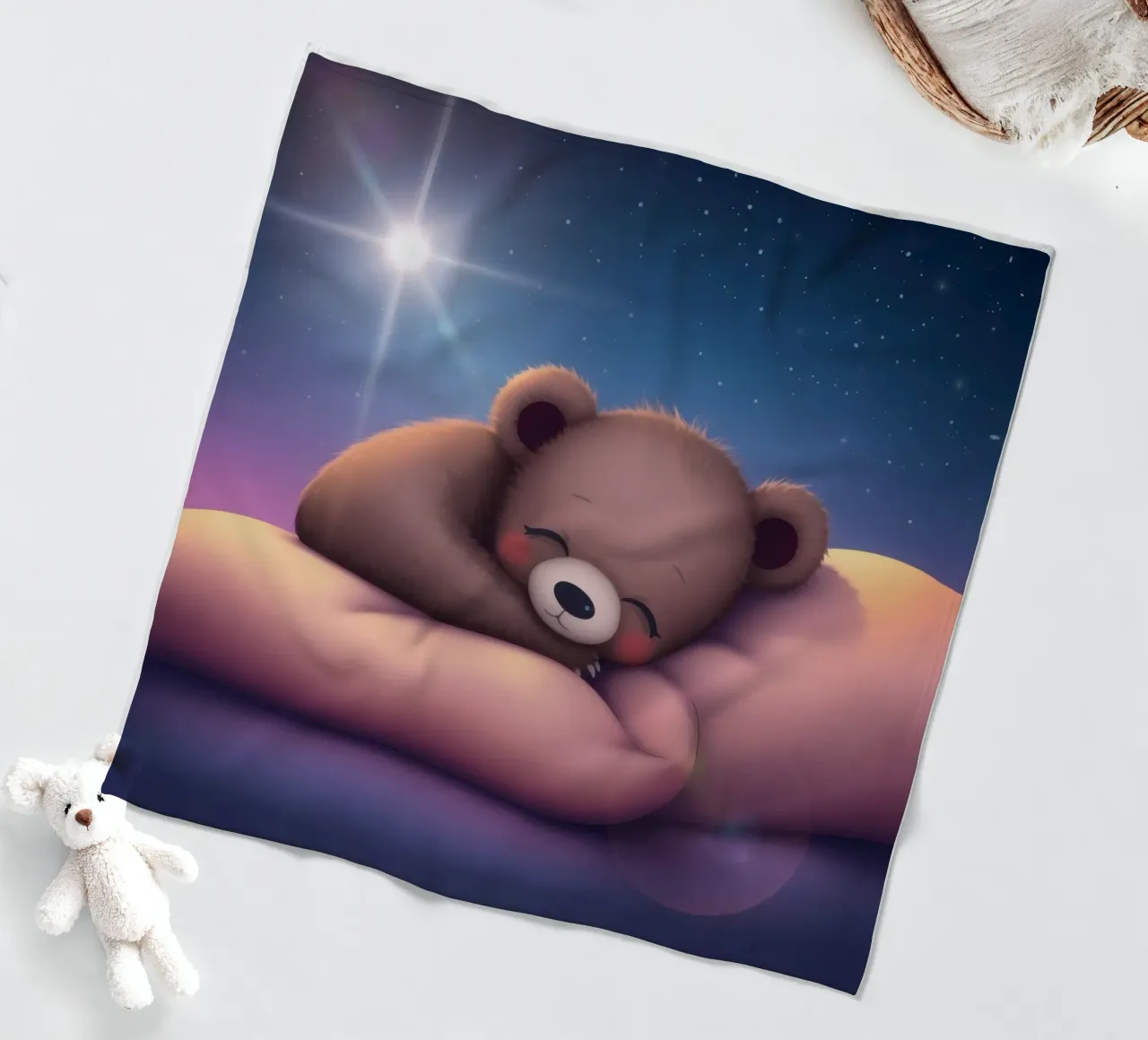 Tenero cucciolo d'orso che dorme pacificamente su una mano gentile coperta in pile da DesignDoodle