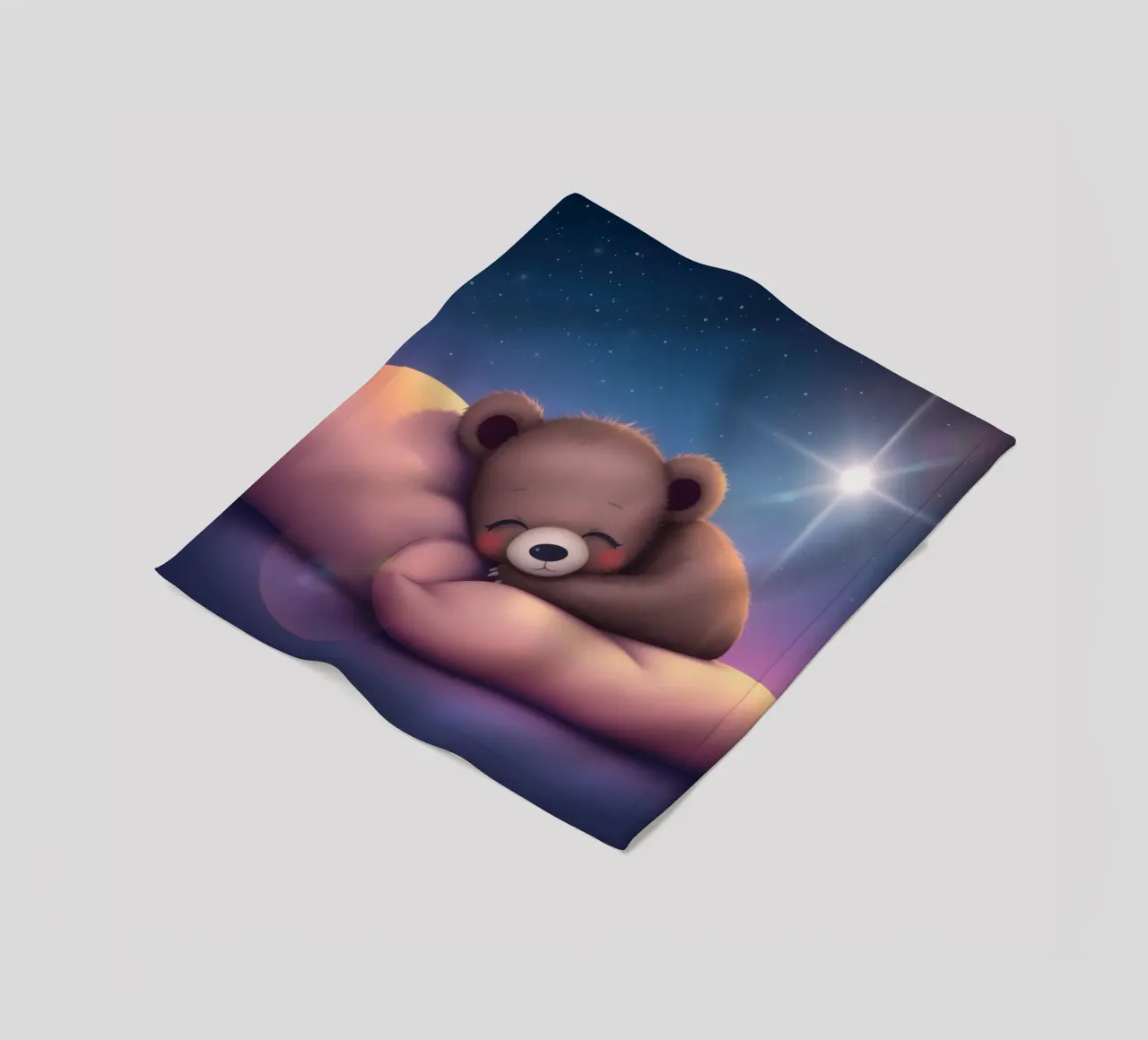 Tenero cucciolo d'orso che dorme pacificamente su una mano gentile coperta in pile da DesignDoodle