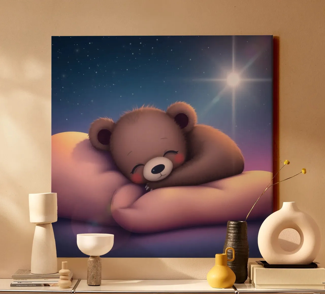 Tenero cucciolo d'orso che dorme pacificamente su una mano gentile tela con Cornice a cassetta da DesignDoodle