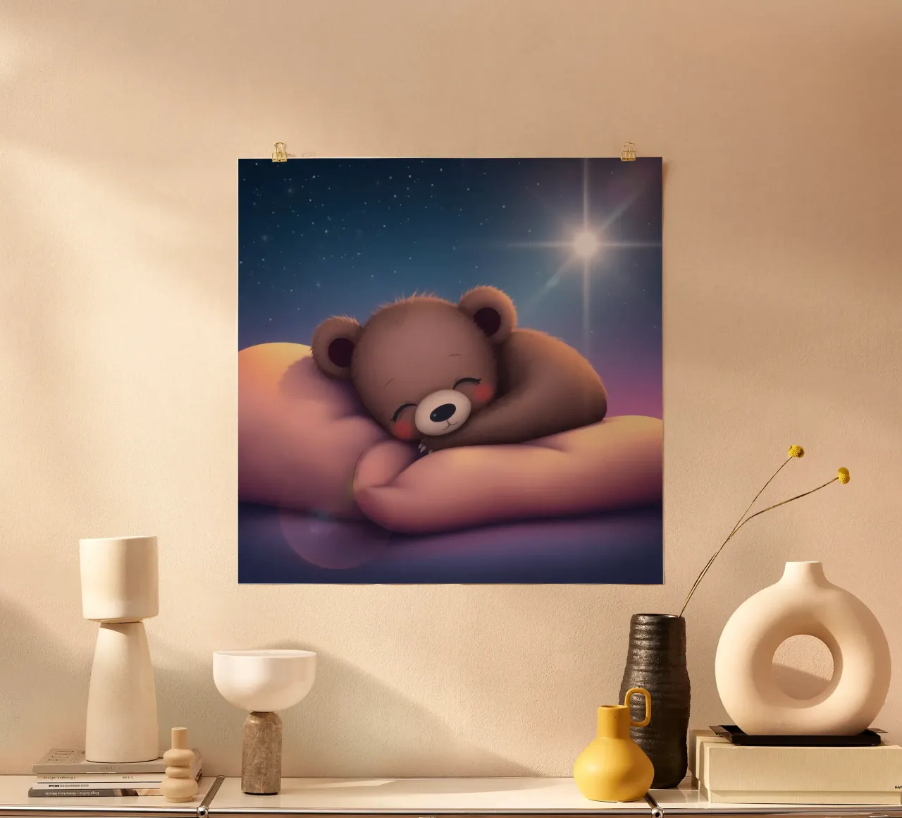 Tenero cucciolo d'orso che dorme pacificamente su una mano gentile carta hahnemühle da DesignDoodle