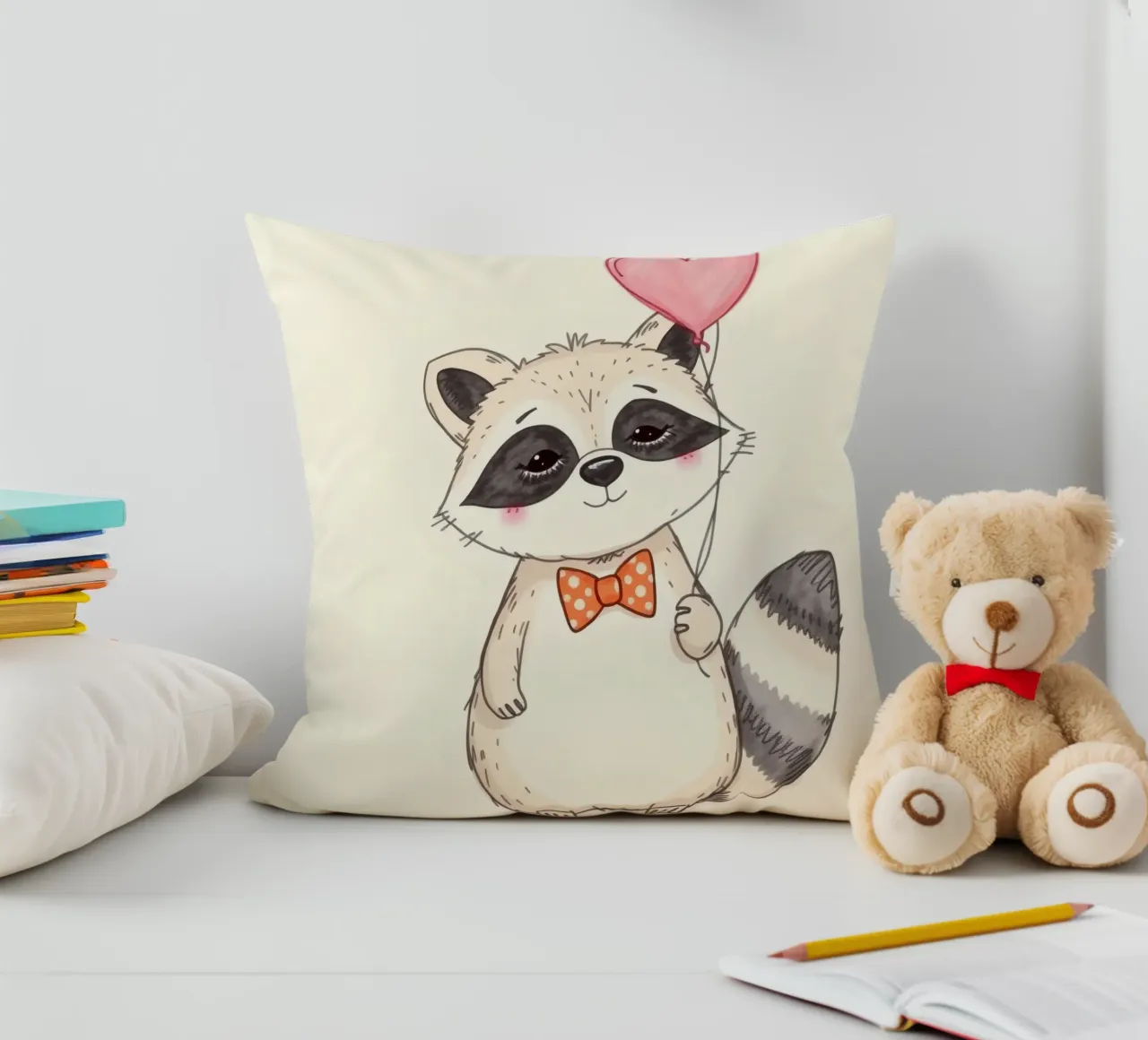 Simpatico procione che tiene in mano un palloncino a forma di cuore e indossa un papillon cuscino da DesignDoodle