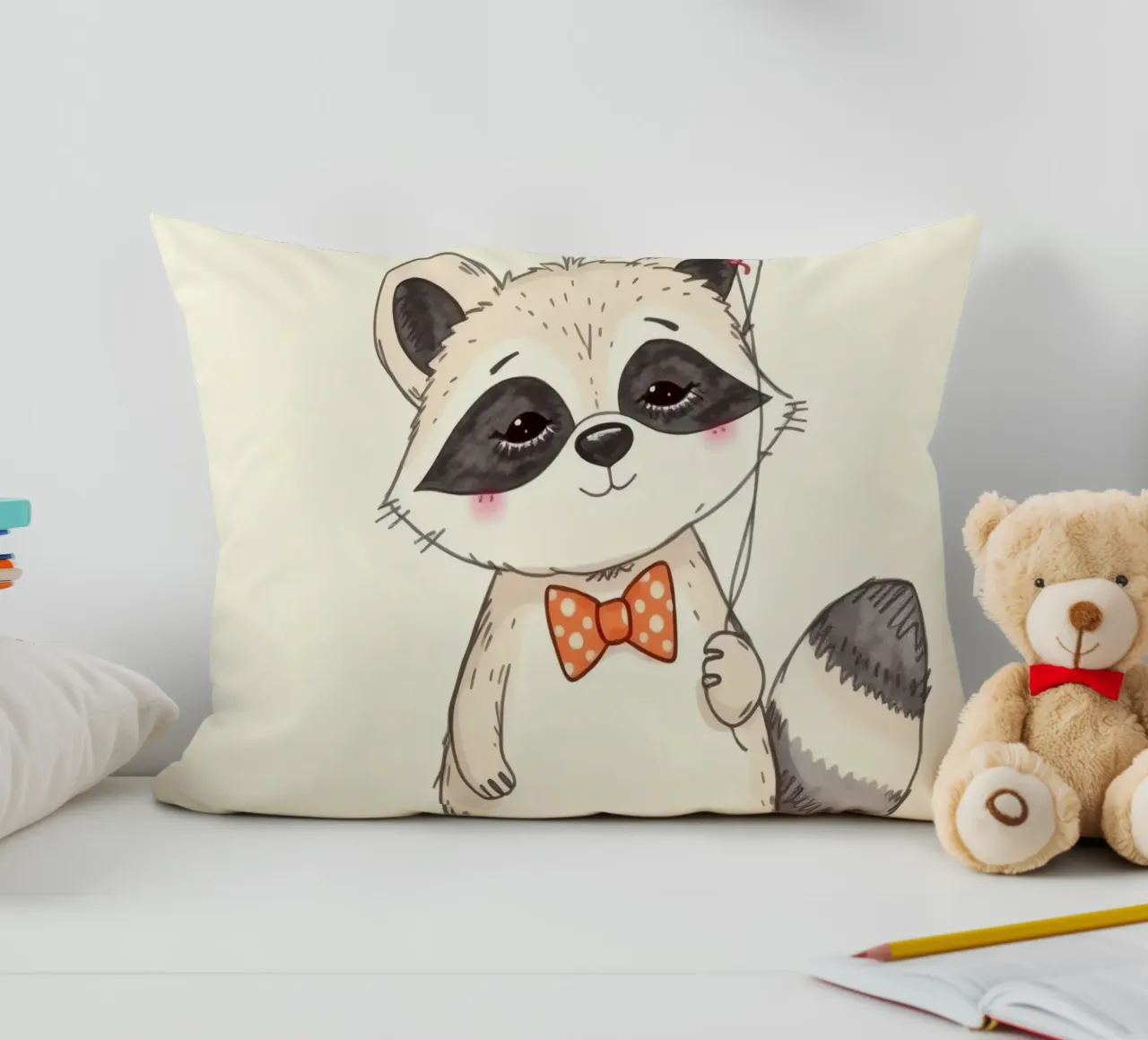 Simpatico procione che tiene in mano un palloncino a forma di cuore e indossa un papillon cuscino da DesignDoodle