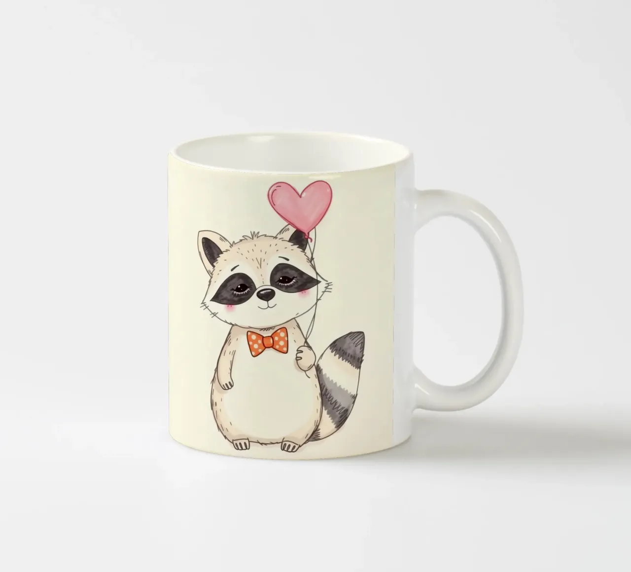 Simpatico procione che tiene in mano un palloncino a forma di cuore e indossa un papillon tazza in ceramica da DesignDoodle