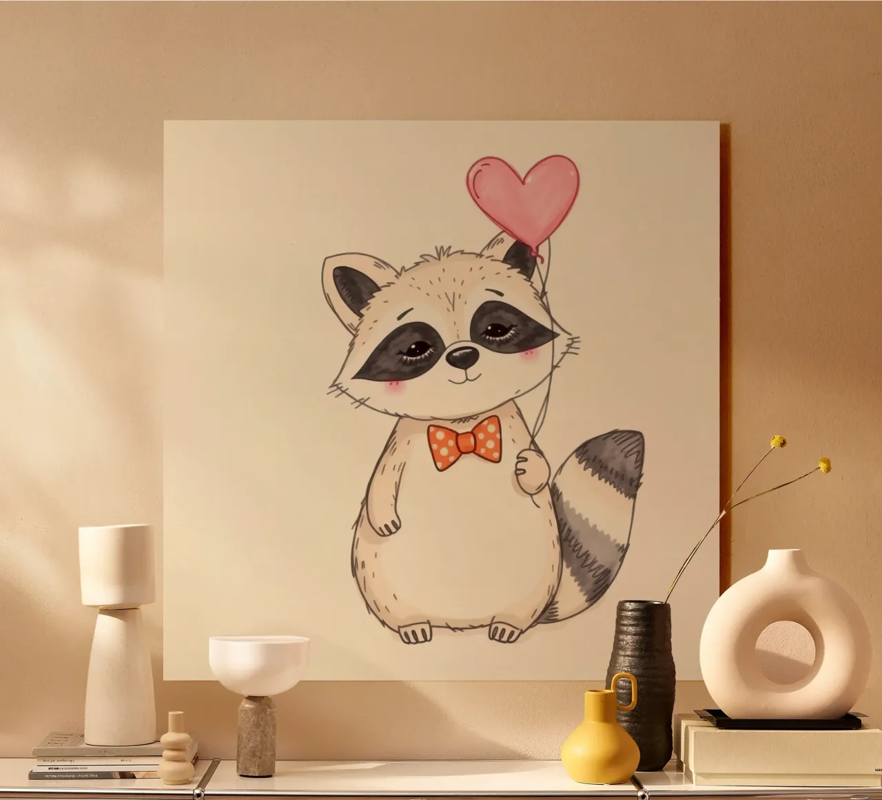 Simpatico procione che tiene in mano un palloncino a forma di cuore e indossa un papillon alluminio dibond da DesignDoodle
