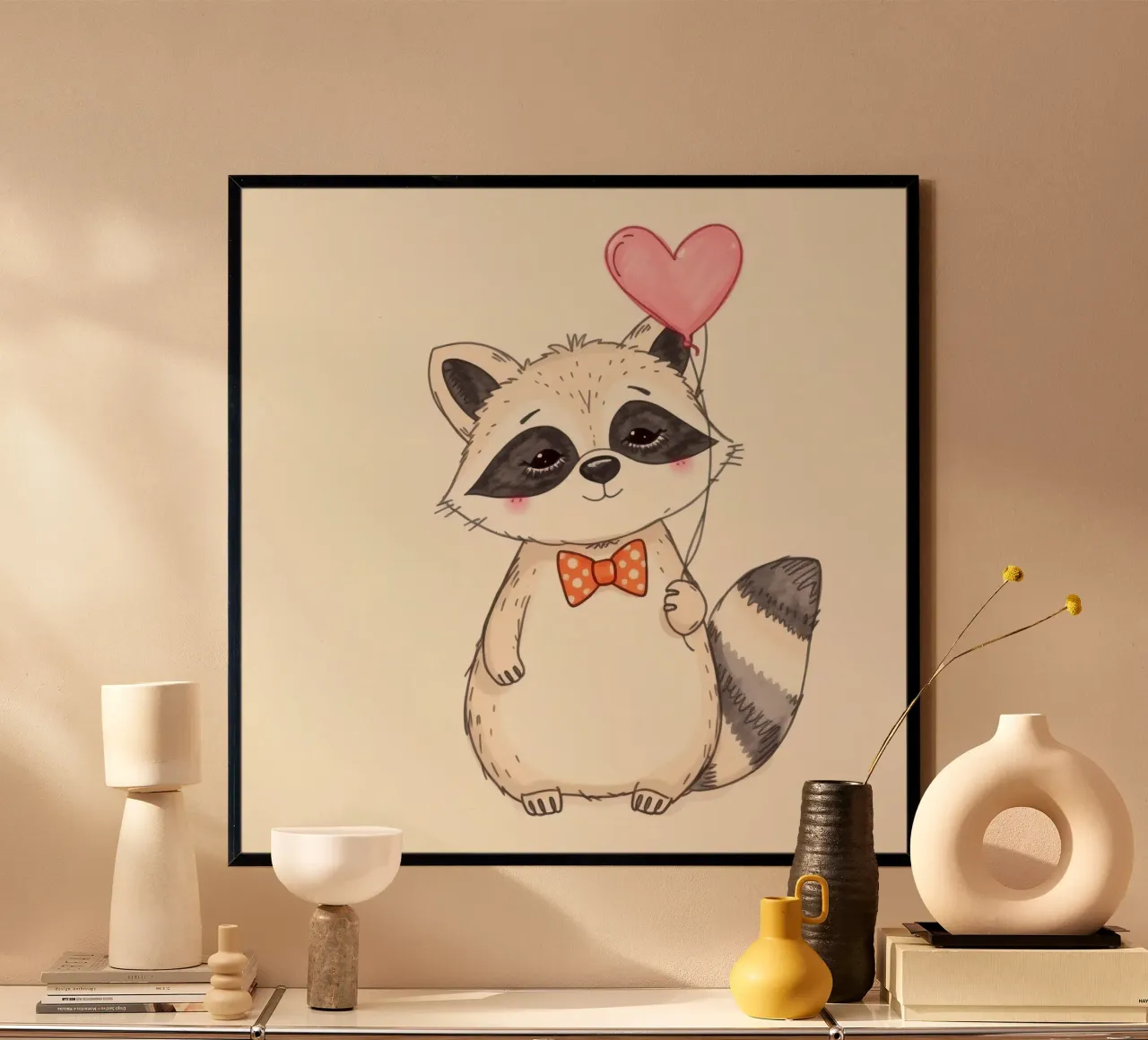 Simpatico procione che tiene in mano un palloncino a forma di cuore e indossa un papillon carta hahnemühle da DesignDoodle