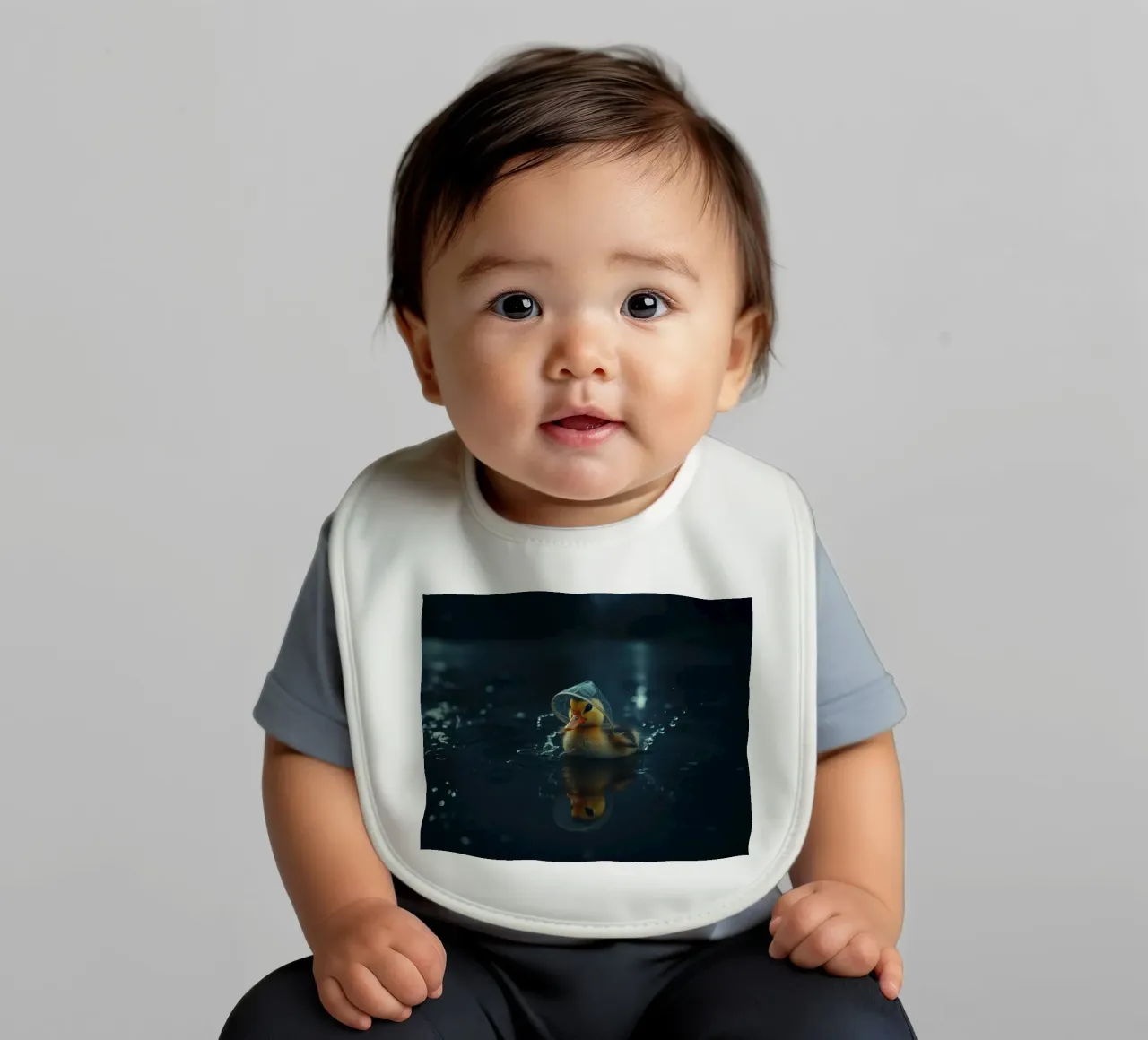 Un anatroccolo con un piccolo cappello nuota in uno stagno scuro e sereno. bavaglino da DesignDoodle