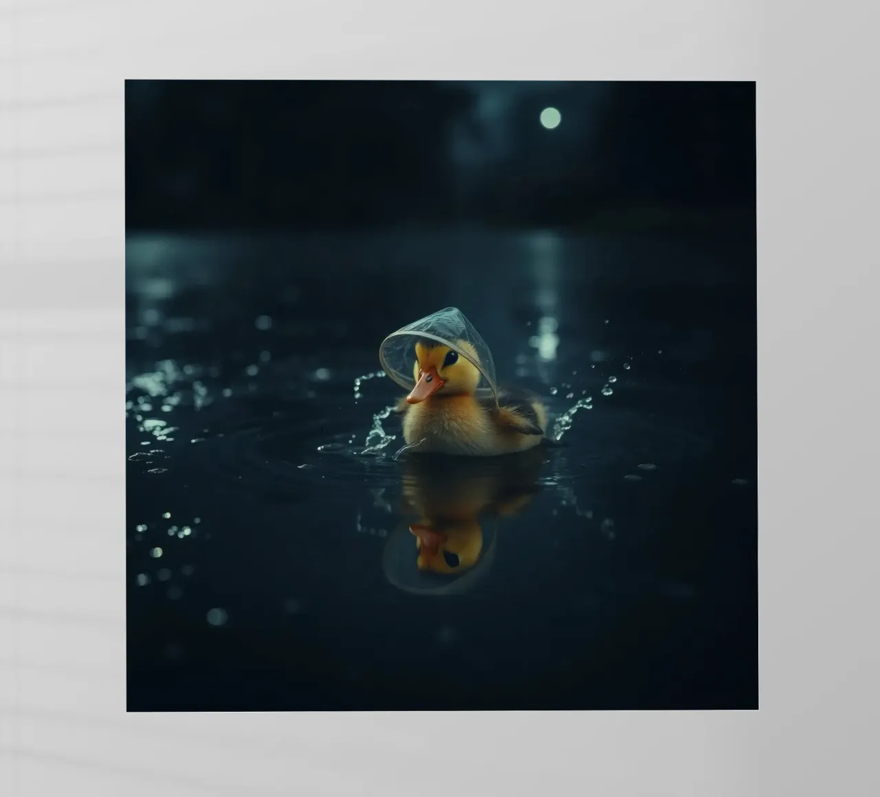 Un anatroccolo con un piccolo cappello nuota in uno stagno scuro e sereno. pellicola backlit da DesignDoodle