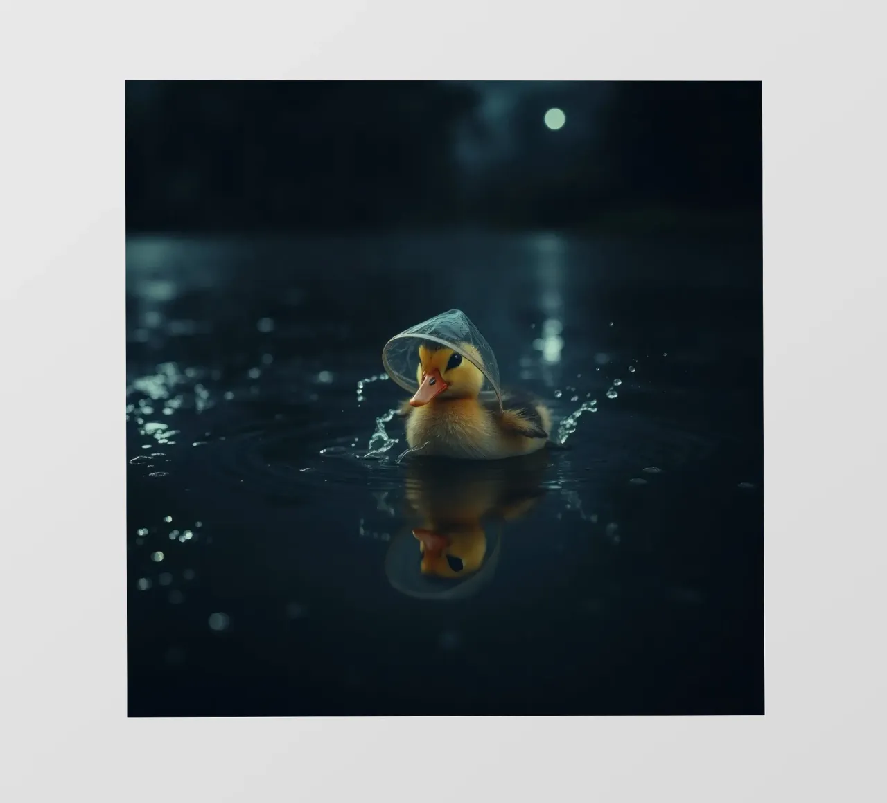 Un anatroccolo con un piccolo cappello nuota in uno stagno scuro e sereno. pellicola backlit da DesignDoodle