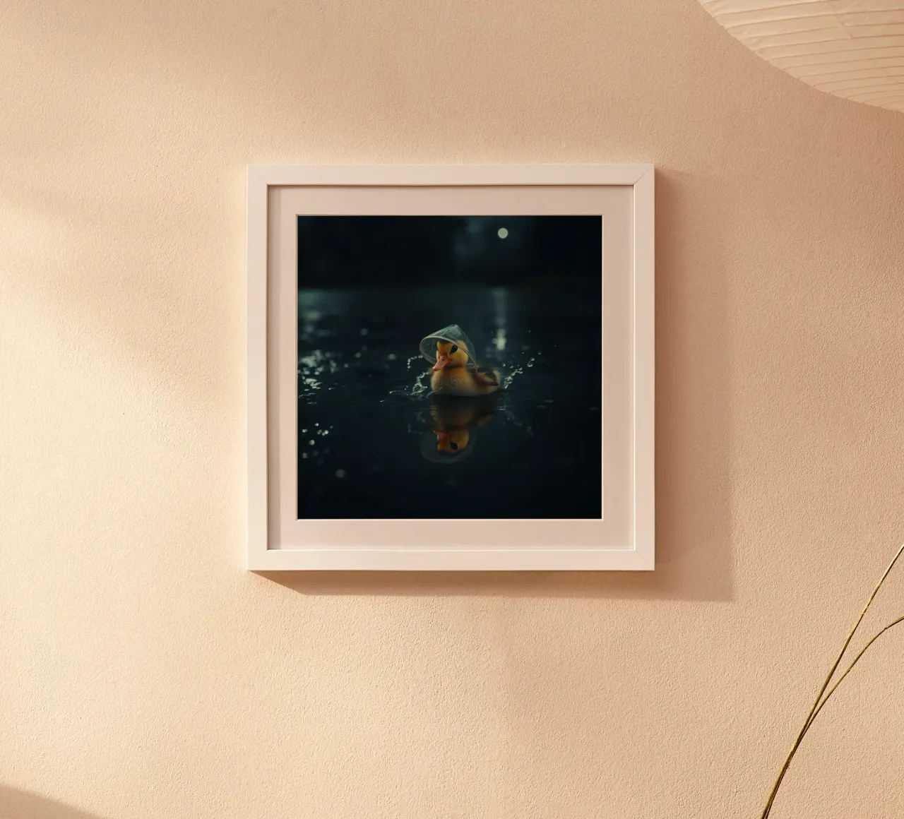 Un anatroccolo con un piccolo cappello nuota in uno stagno scuro e sereno. poster con telaio in legno da DesignDoodle