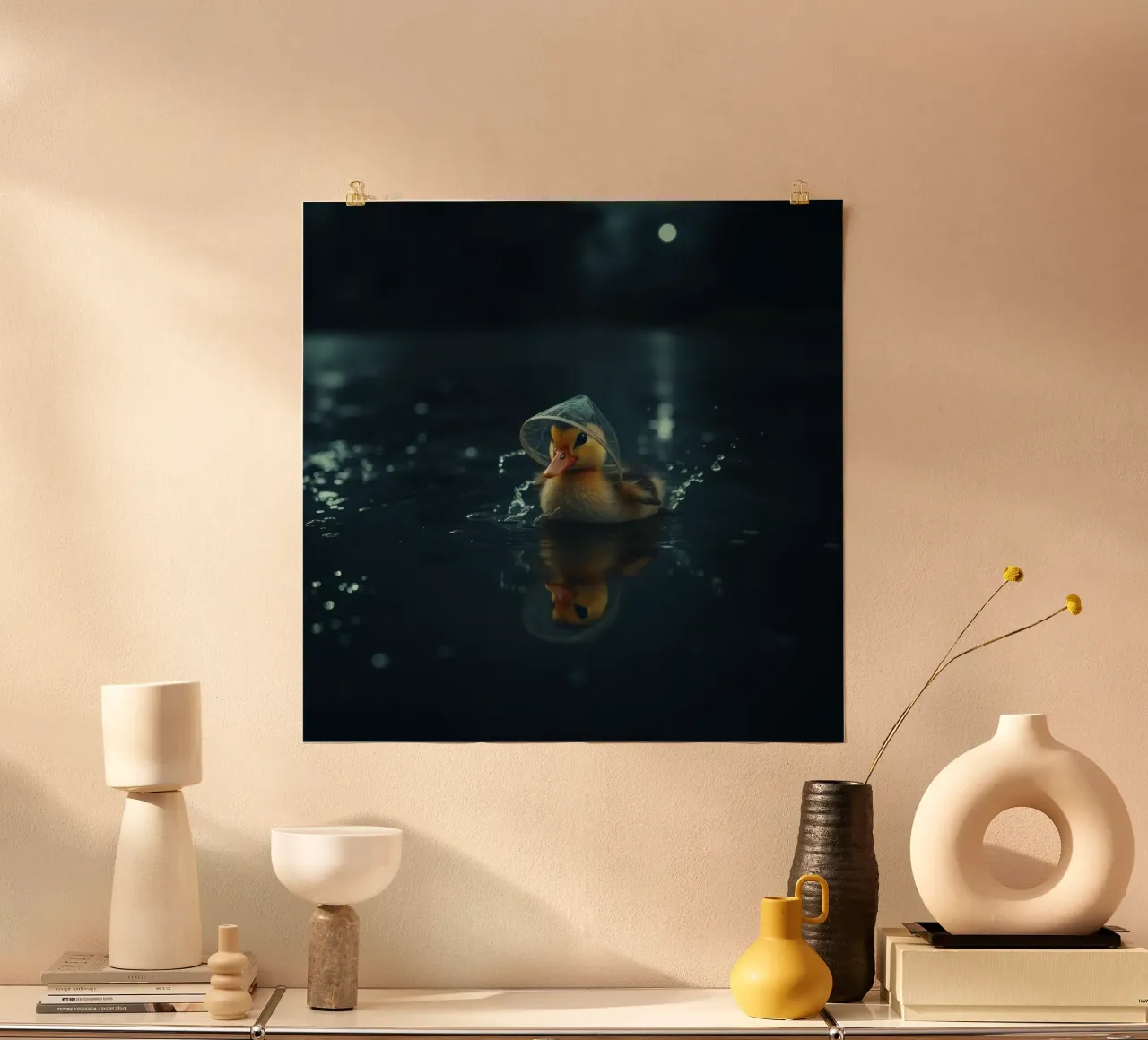 Un anatroccolo con un piccolo cappello nuota in uno stagno scuro e sereno. poster da DesignDoodle
