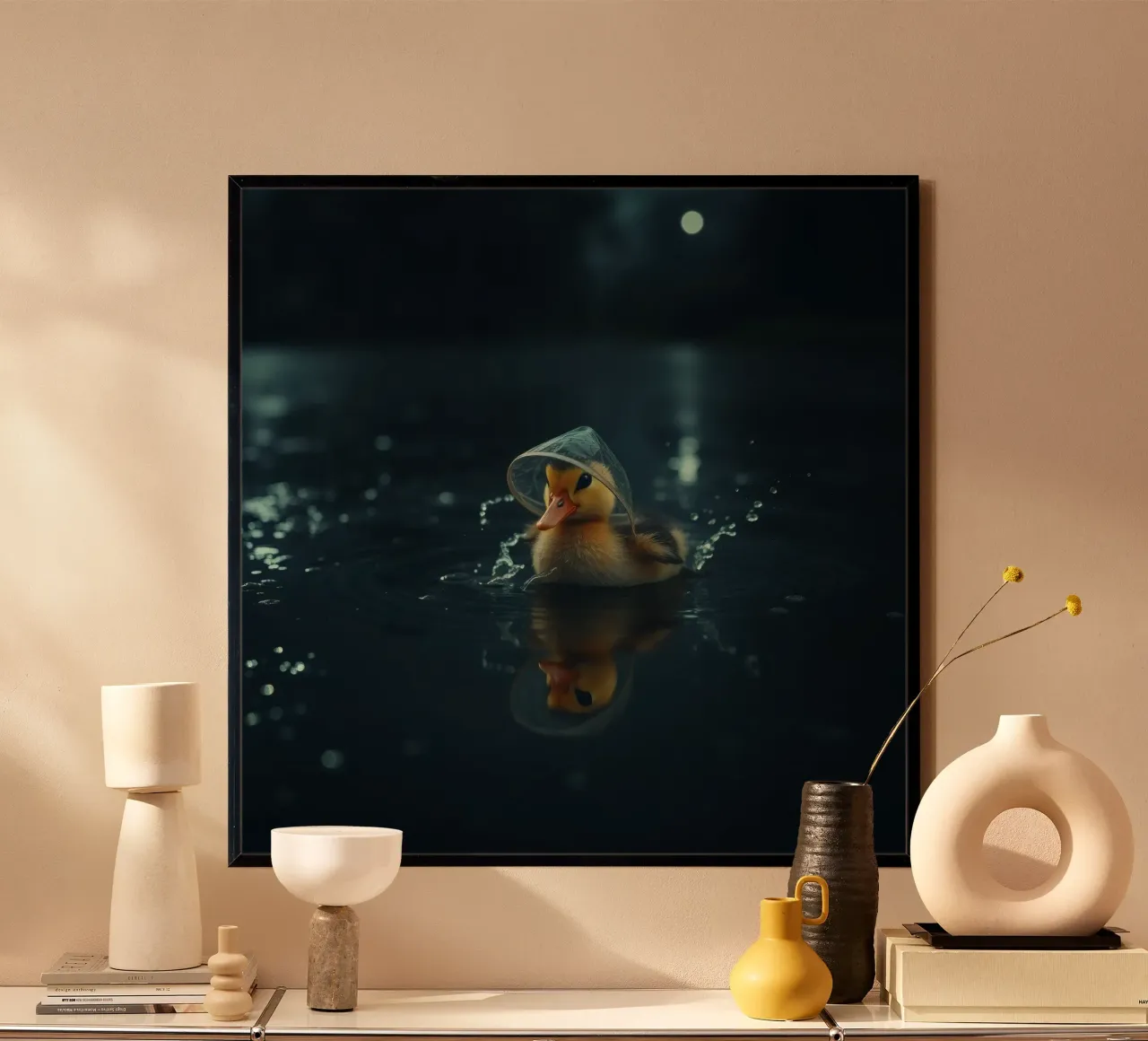 Un anatroccolo con un piccolo cappello nuota in uno stagno scuro e sereno. poster con telaio in legno da DesignDoodle