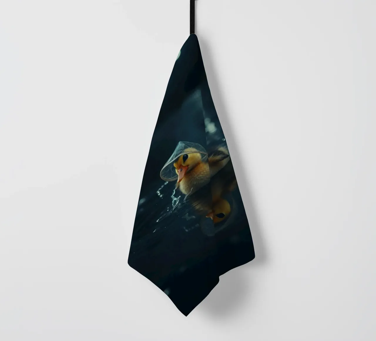 Un anatroccolo con un piccolo cappello nuota in uno stagno scuro e sereno. canovaccio da cucina da DesignDoodle