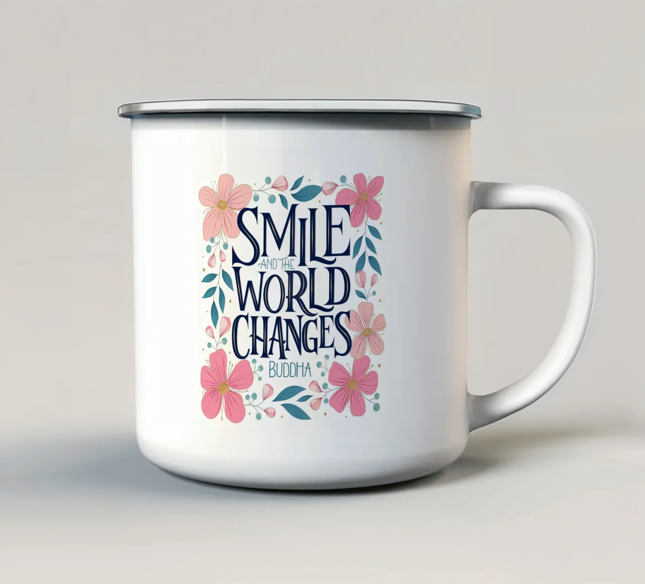 Sorridi e il mondo cambia. Zitat. Fiori. Lettering tazza in smalto da CalliLetters