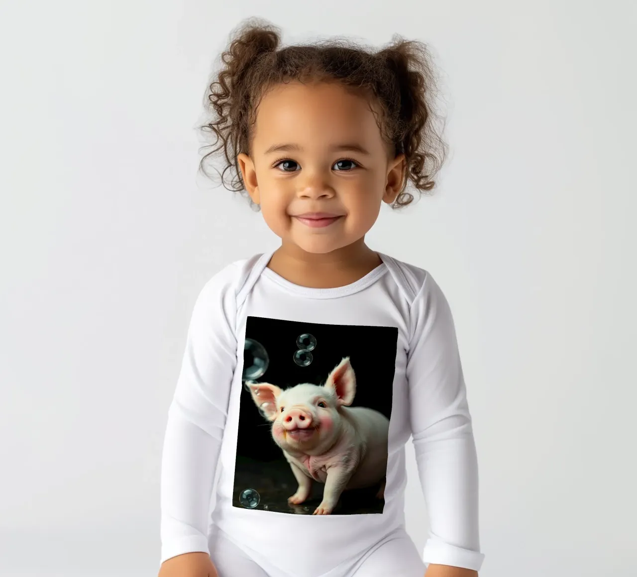 Happy piglet playing with bubbles in a bright, cheerful long-sleeve baby romper by DesignDoodle
