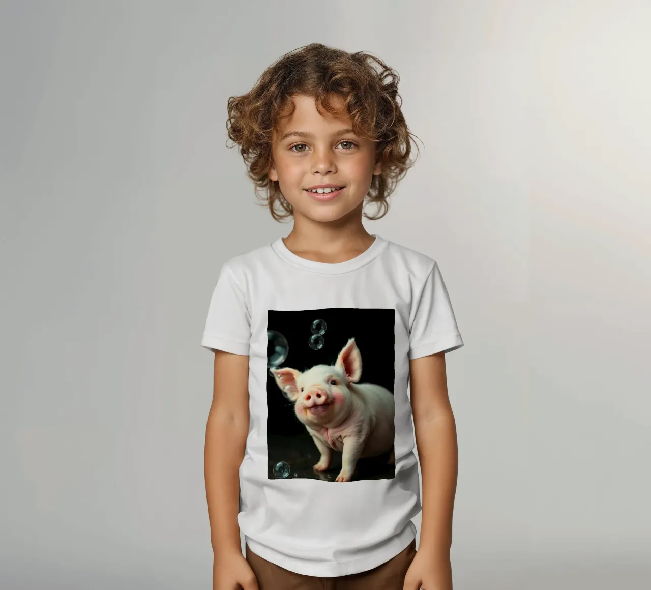 Happy piglet playing with bubbles in a bright, cheerful kids t-shirt by DesignDoodle