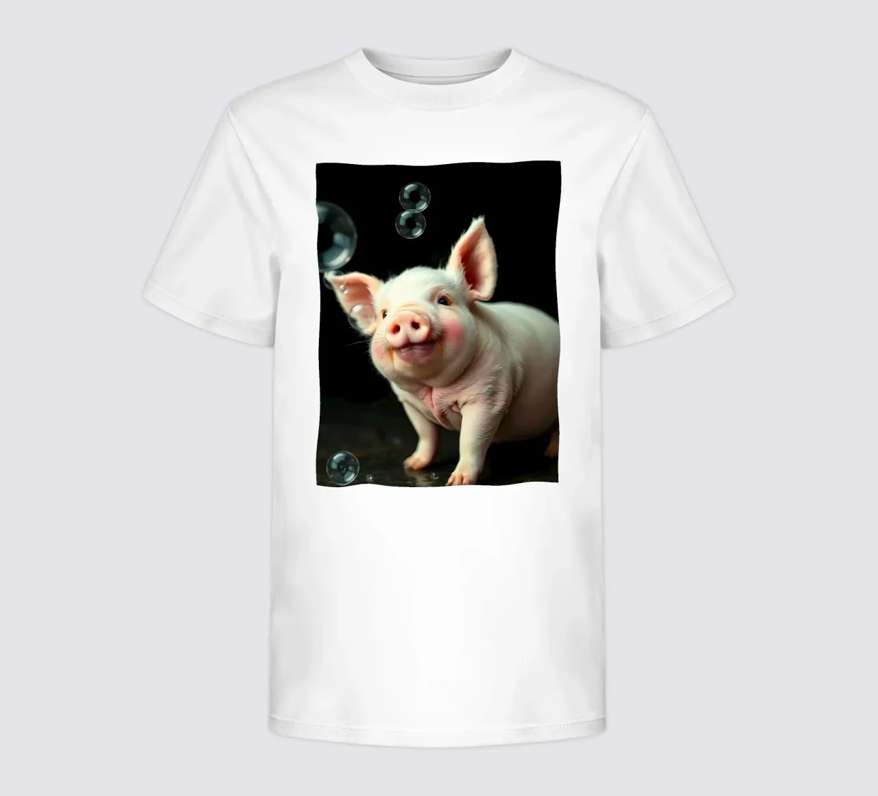 Happy piglet playing with bubbles in a bright, cheerful kids t-shirt by DesignDoodle