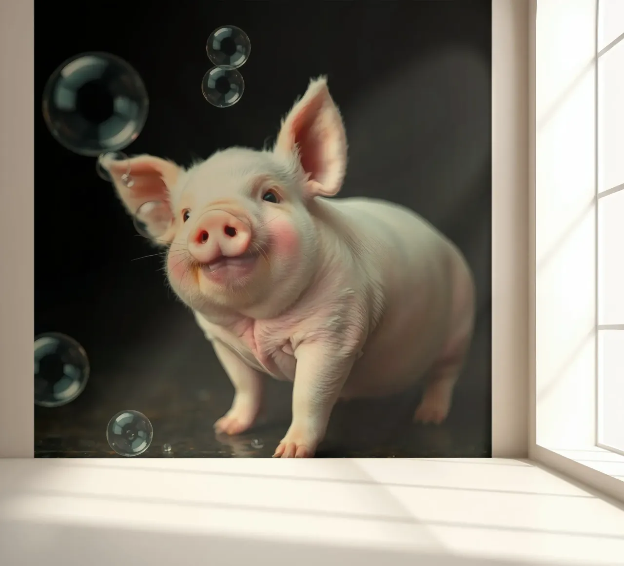 Happy piglet playing with bubbles in a bright, cheerful photo wallpaper by DesignDoodle