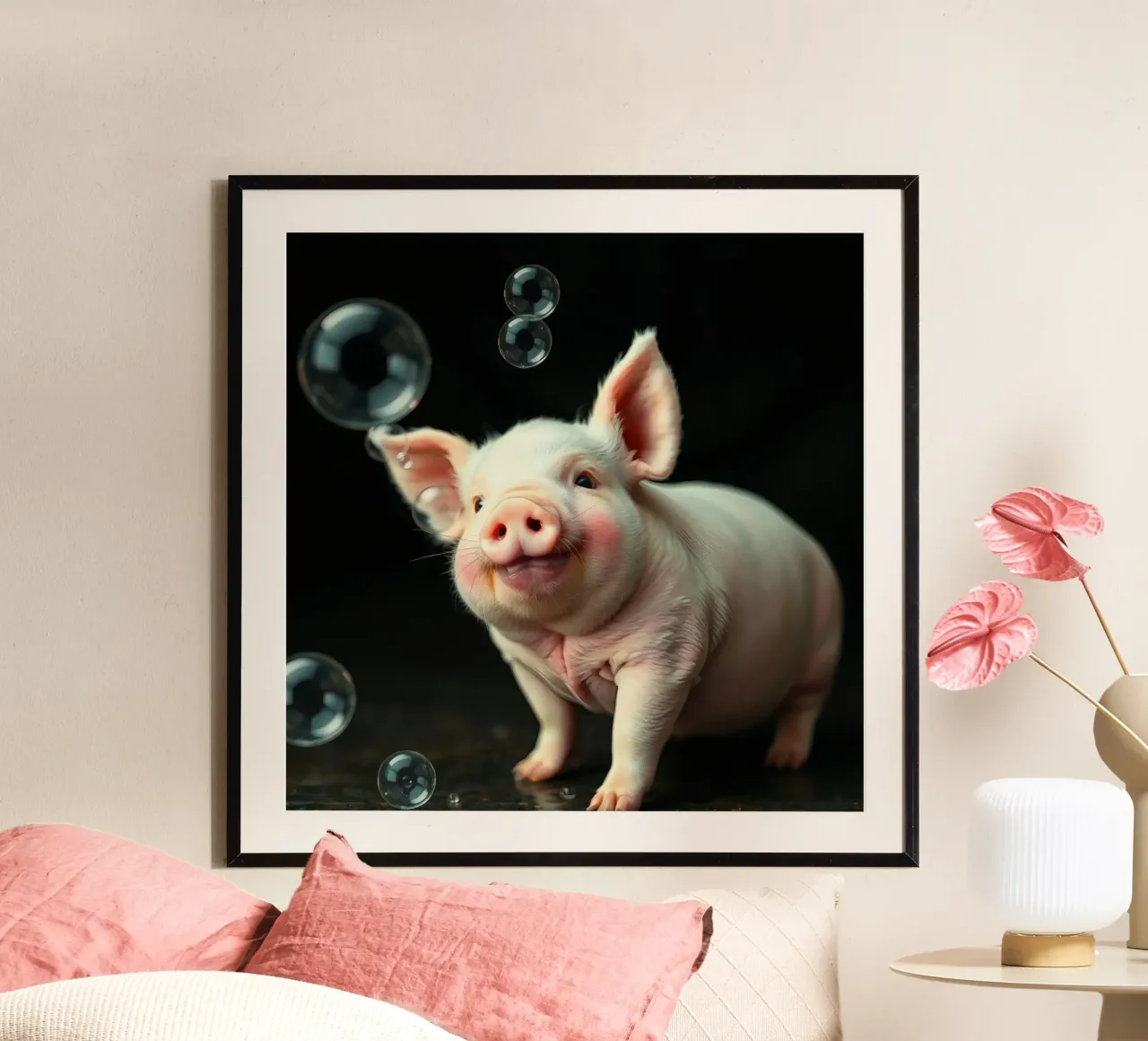 Joyeux porcelet jouant avec des bulles dans un décor lumineux et joyeux. hahnemühle de DesignDoodle