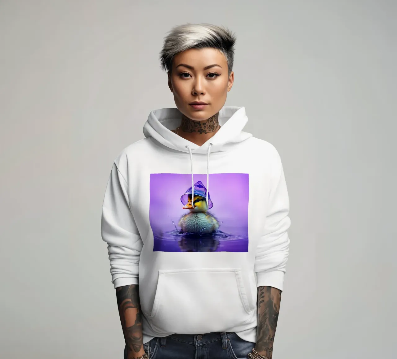 Un simpatico anatroccolo spruzza acqua indossando un piccolo cappello viola felpa con cappuccio da DesignDoodle