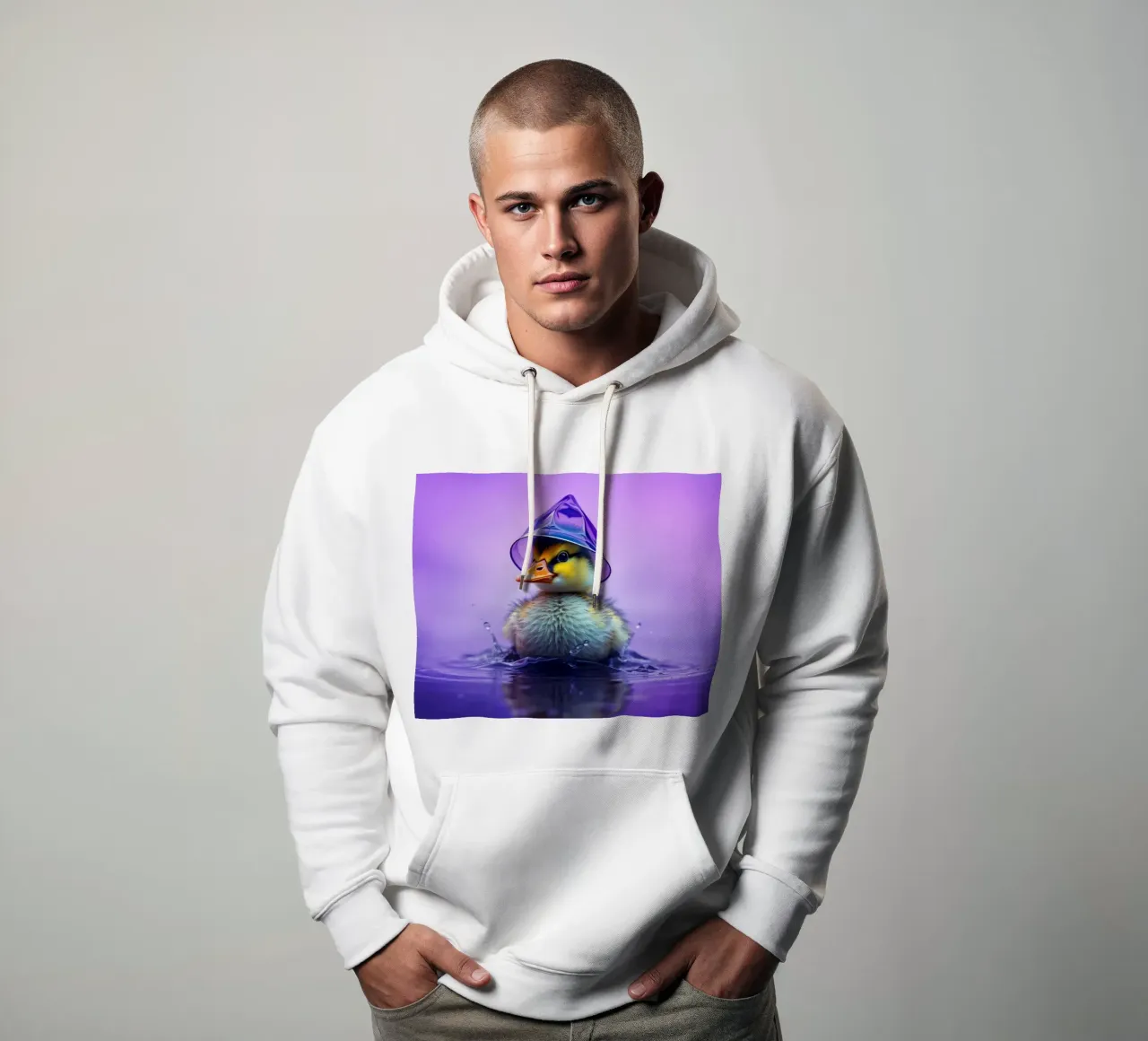 Un simpatico anatroccolo spruzza acqua indossando un piccolo cappello viola felpa con cappuccio da DesignDoodle