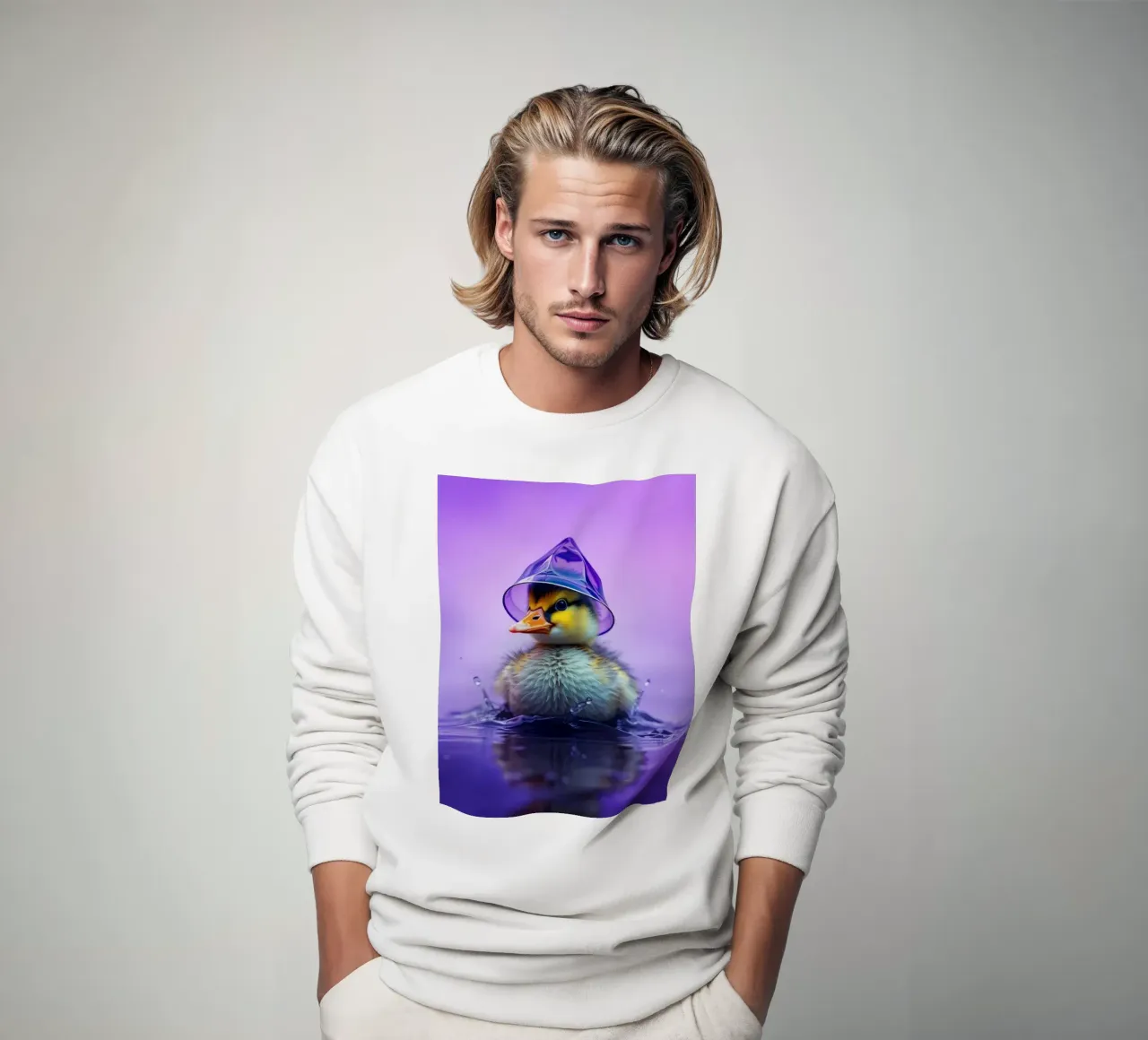 Un simpatico anatroccolo spruzza acqua indossando un piccolo cappello viola felpa da DesignDoodle