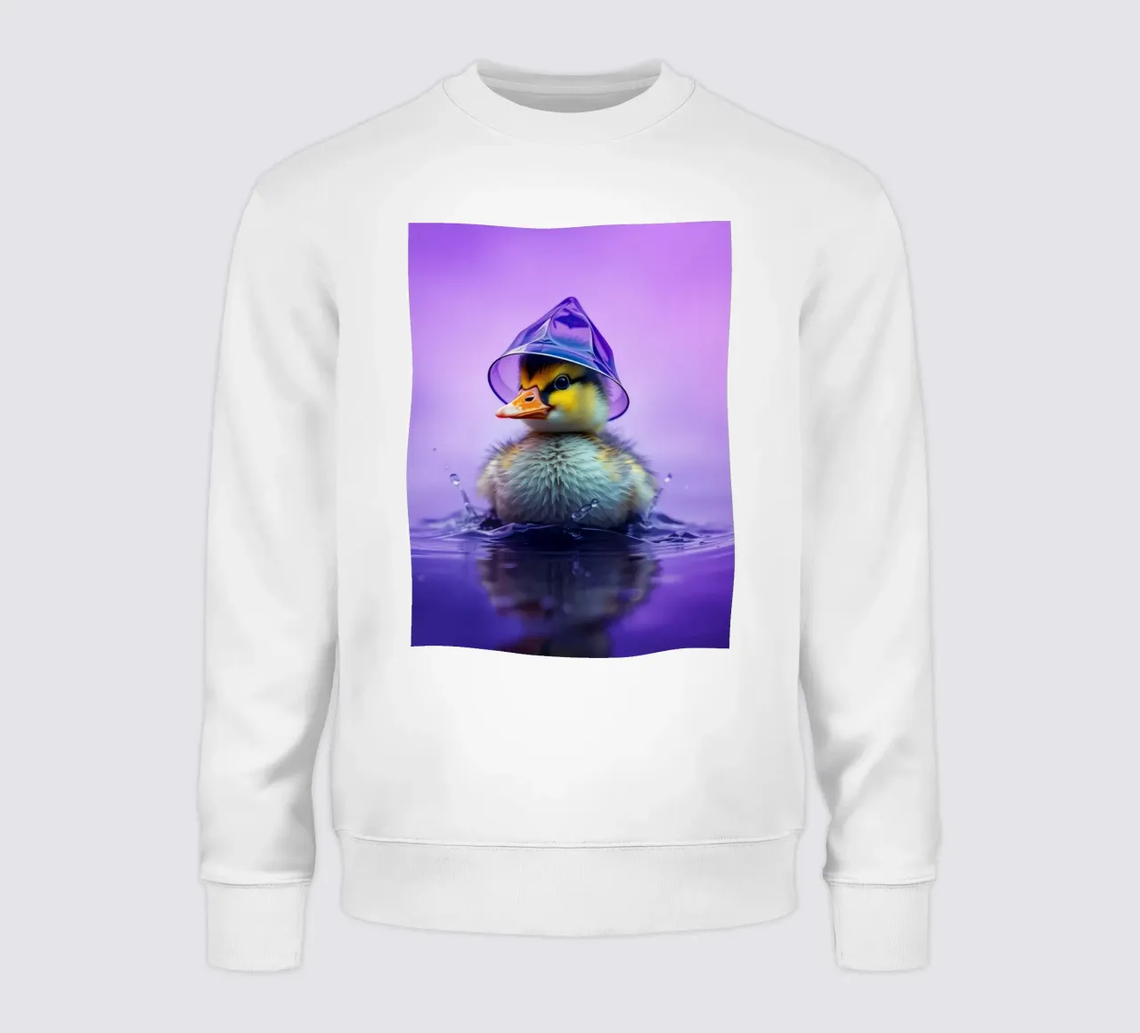 Un simpatico anatroccolo spruzza acqua indossando un piccolo cappello viola felpa da DesignDoodle