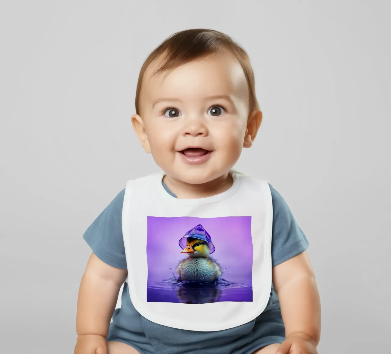 Un simpatico anatroccolo spruzza acqua indossando un piccolo cappello viola bavaglino da DesignDoodle