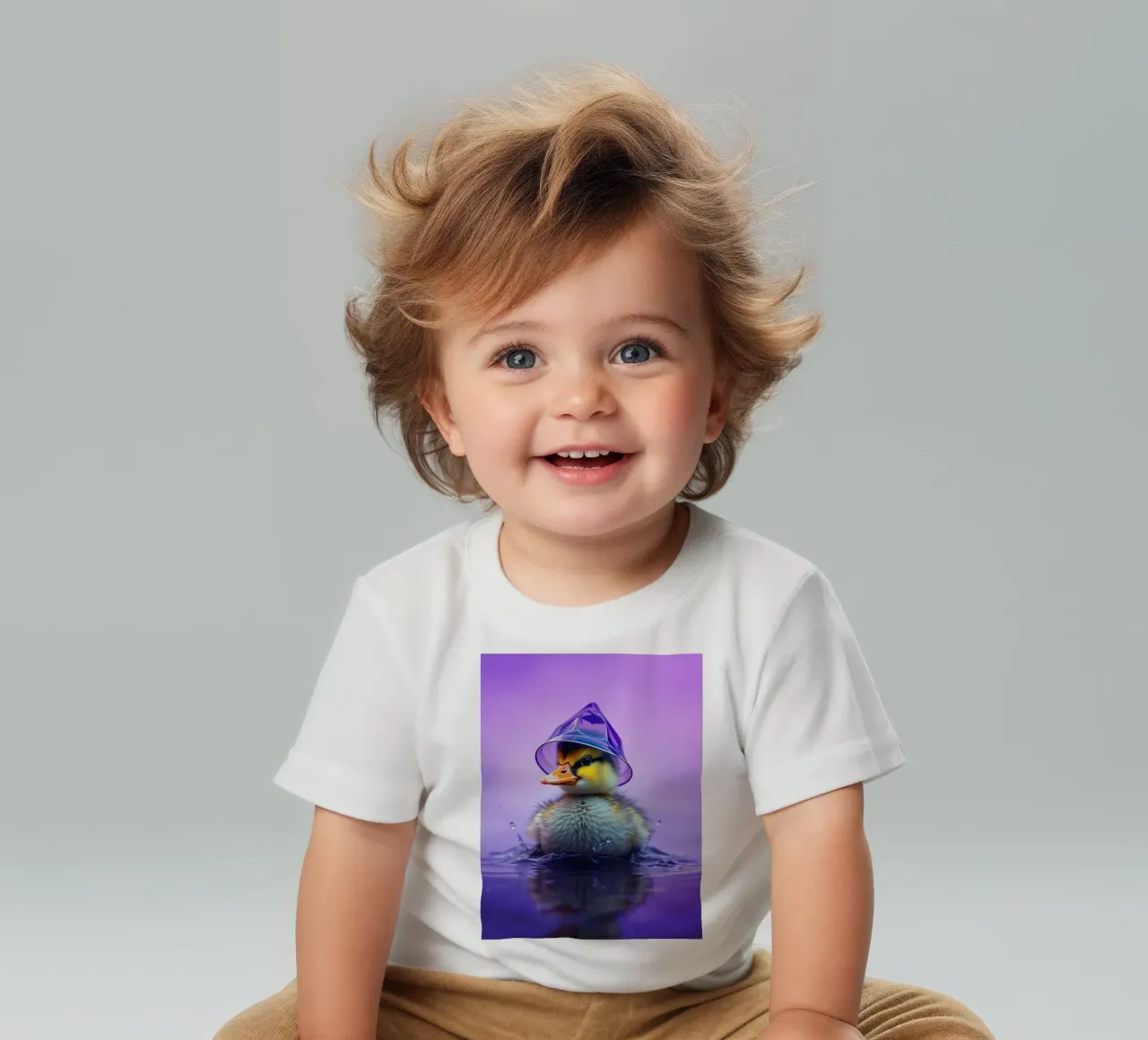 Un simpatico anatroccolo spruzza acqua indossando un piccolo cappello viola maglietta neonato da DesignDoodle
