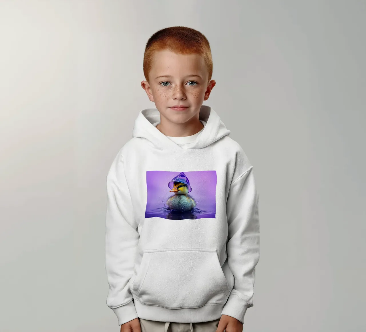 Un simpatico anatroccolo spruzza acqua indossando un piccolo cappello viola felpa bambino con cappuccio da DesignDoodle