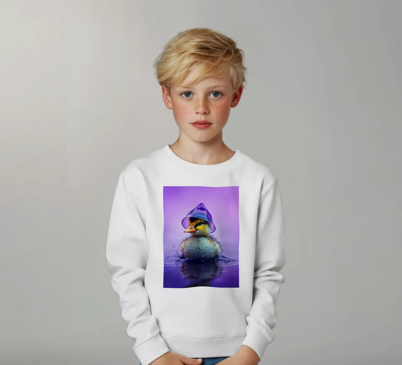 Un simpatico anatroccolo spruzza acqua indossando un piccolo cappello viola felpa bambino da DesignDoodle