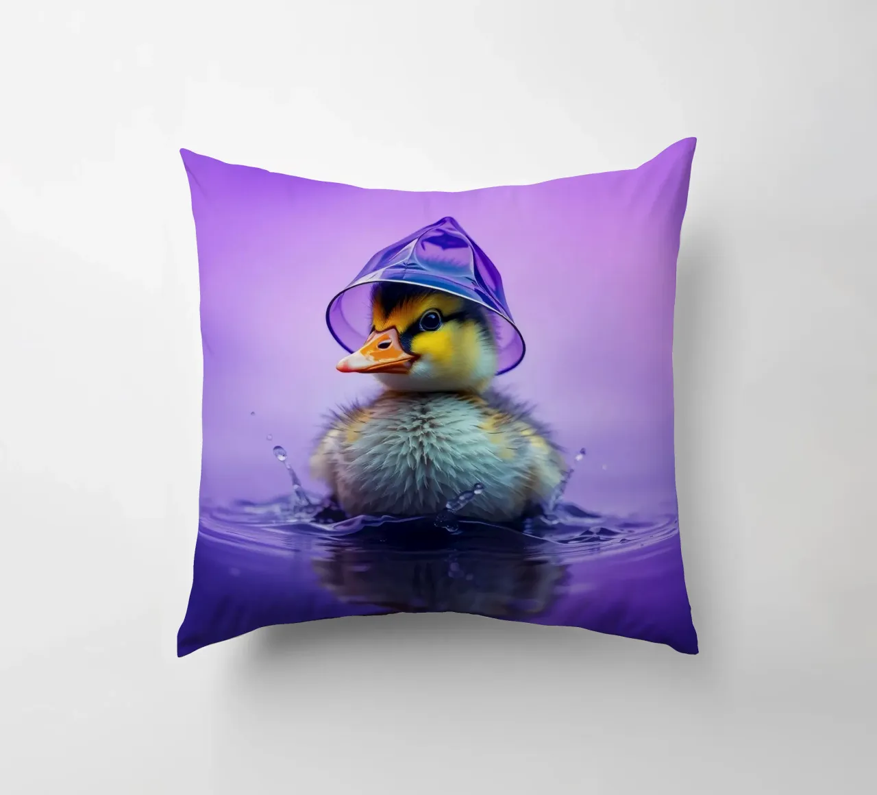 Un simpatico anatroccolo spruzza acqua indossando un piccolo cappello viola cuscino da DesignDoodle
