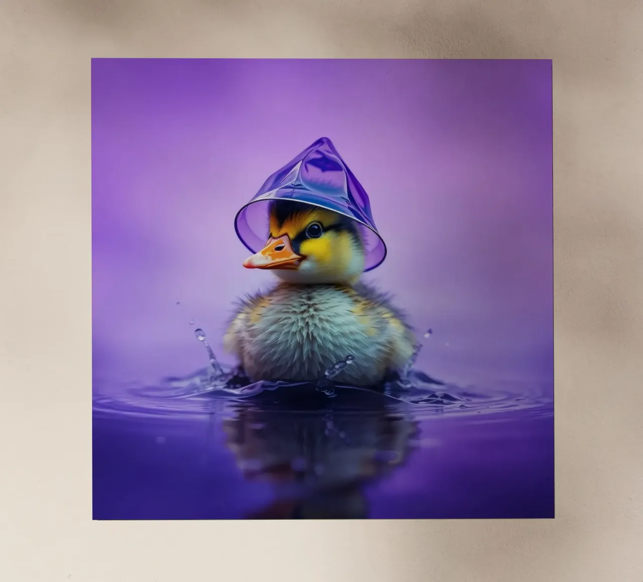 Un simpatico anatroccolo spruzza acqua indossando un piccolo cappello viola pellicola backlit da DesignDoodle