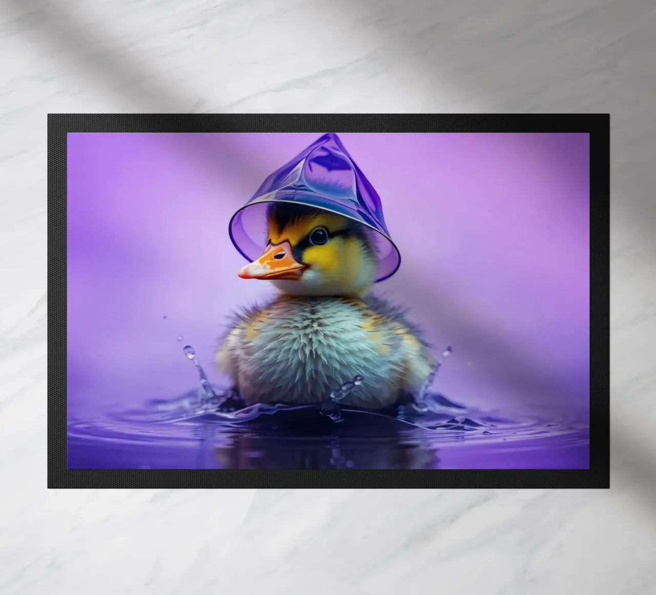 Un simpatico anatroccolo spruzza acqua indossando un piccolo cappello viola zerbino da DesignDoodle