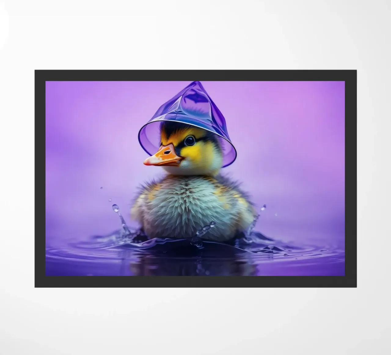 Un simpatico anatroccolo spruzza acqua indossando un piccolo cappello viola zerbino da DesignDoodle