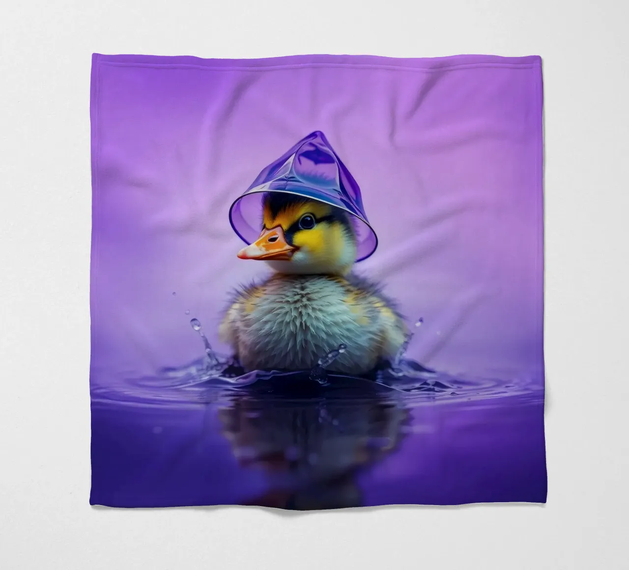 Un simpatico anatroccolo spruzza acqua indossando un piccolo cappello viola coperta in pile da DesignDoodle