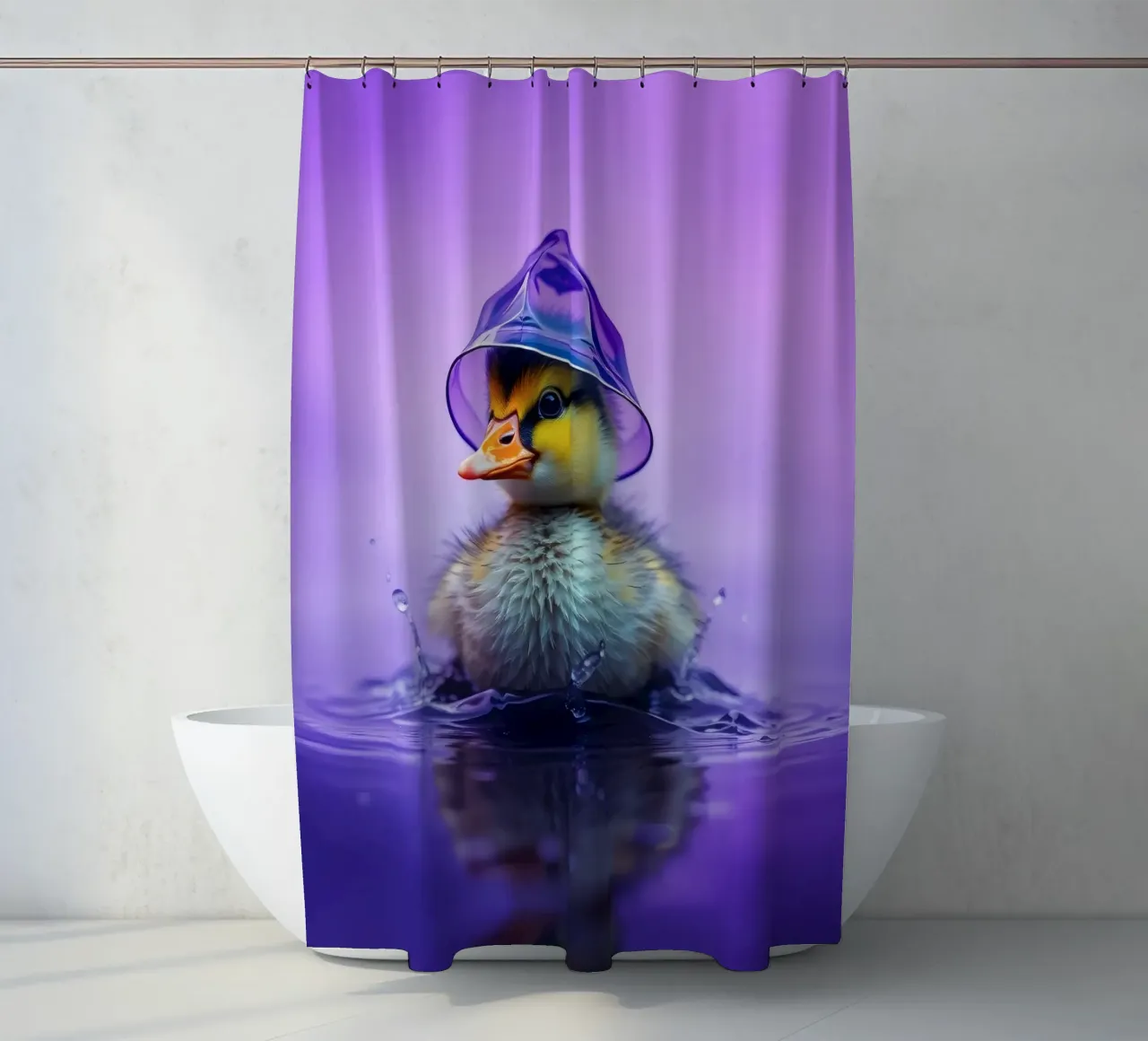 Un simpatico anatroccolo spruzza acqua indossando un piccolo cappello viola tenda da doccia da DesignDoodle