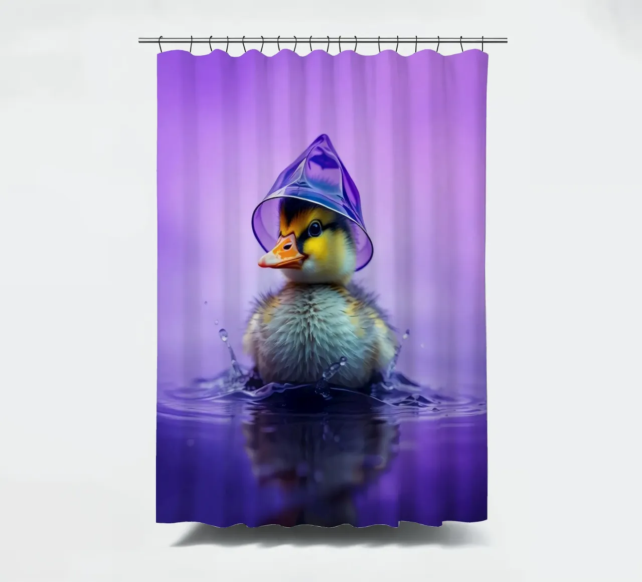 Un simpatico anatroccolo spruzza acqua indossando un piccolo cappello viola tenda da doccia da DesignDoodle