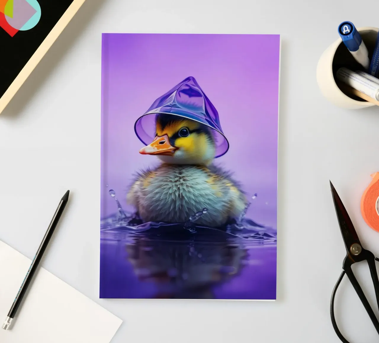Un simpatico anatroccolo spruzza acqua indossando un piccolo cappello viola diario da DesignDoodle