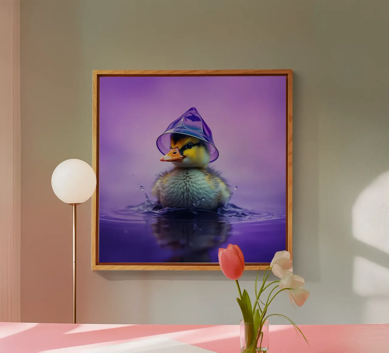 Un simpatico anatroccolo spruzza acqua indossando un piccolo cappello viola plexiglass da DesignDoodle