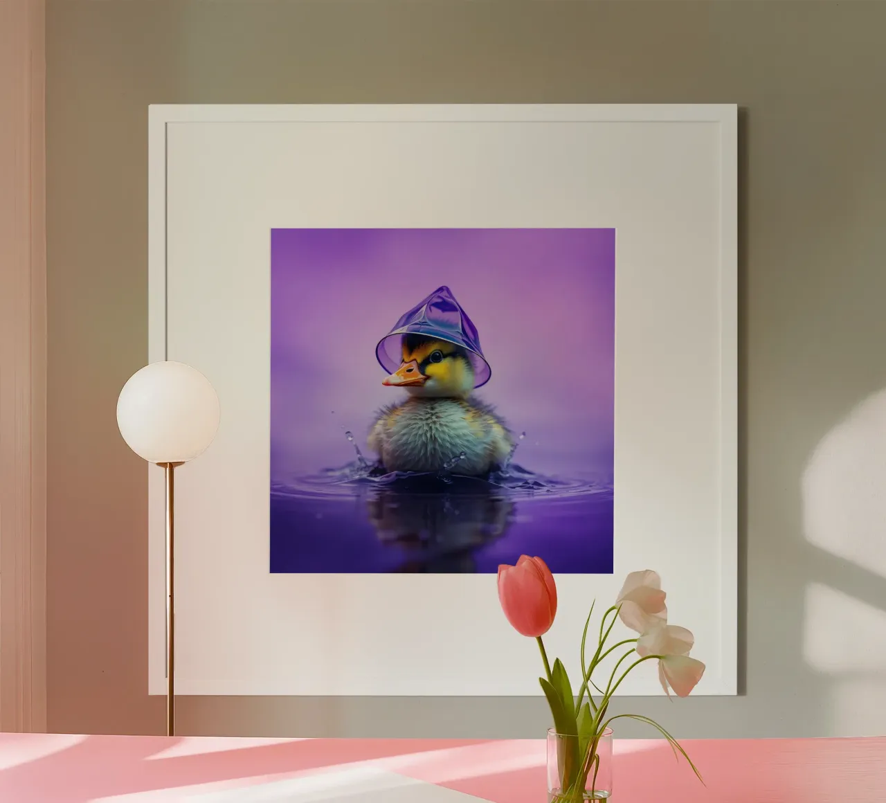 Niedliches Baby-Entlein spritzt mit einem kleinen lila Hut im Wasser Poster von DesignDoodle