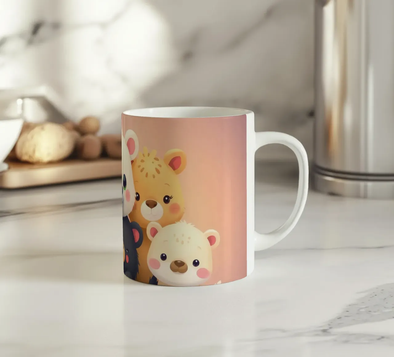 Unos simpáticos animales de dibujos animados se reúnen en una juguetona disposición taza de cerámica de DesignDoodle