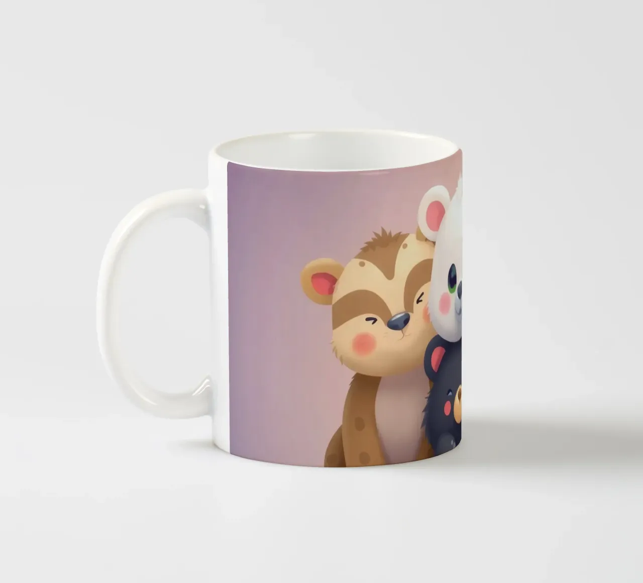 Unos simpáticos animales de dibujos animados se reúnen en una juguetona disposición taza de cerámica de DesignDoodle