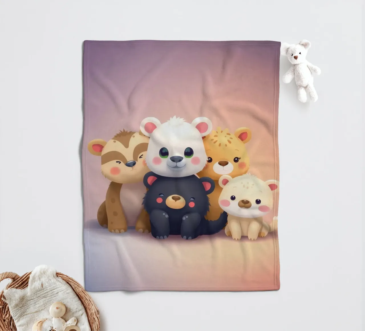Simpatici animali dei cartoni animati si riuniscono in una disposizione giocosa. coperta in pile da DesignDoodle