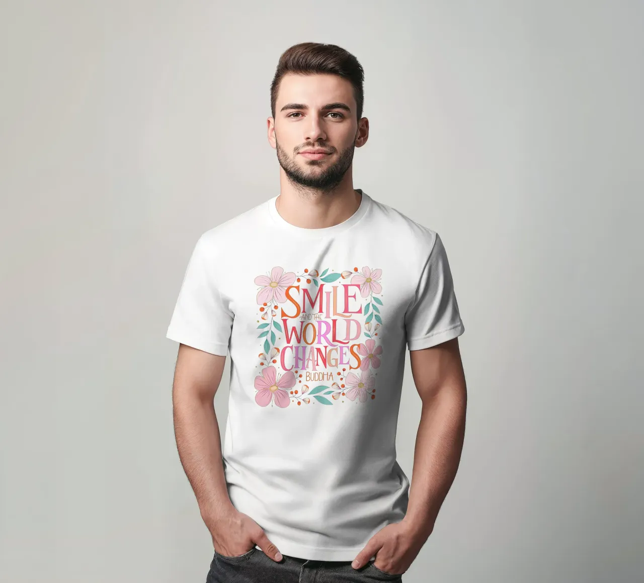 Sorridi e il mondo cambia. Zitat. Fiori e scritte t-shirt da CalliLetters